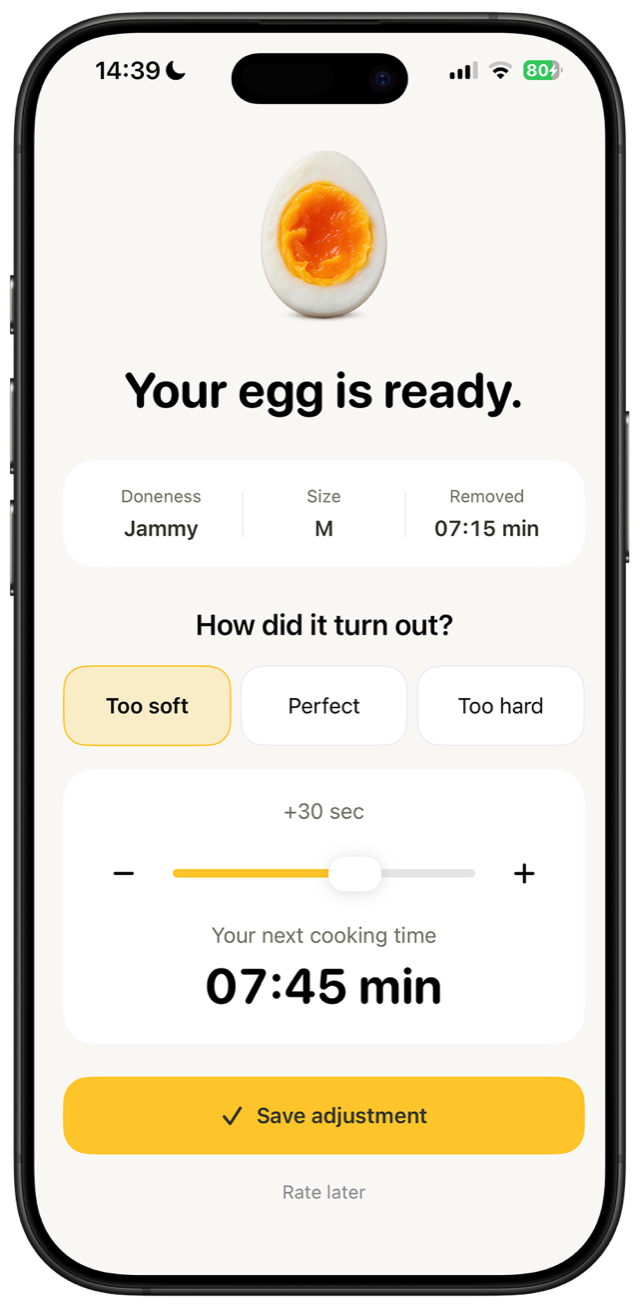 EggTimer feedback screen with too soft, perfect, and too hard options