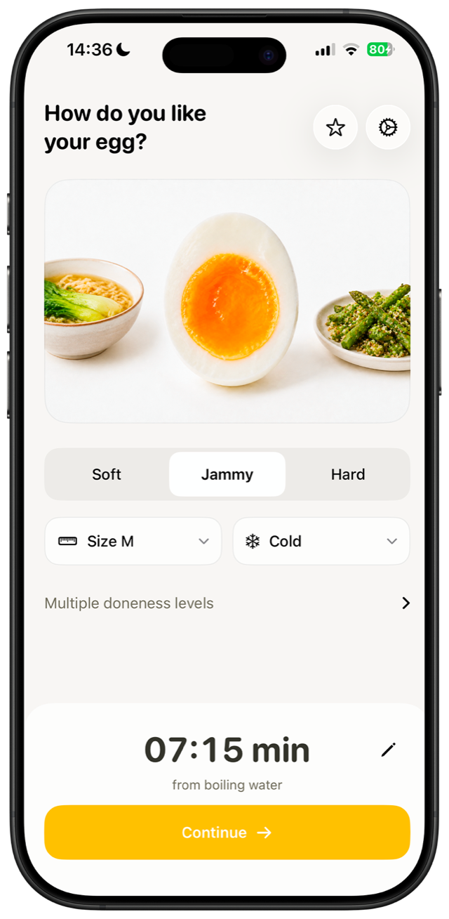 EggTimer setup screen showing a 7 minute and 15 second cooking time for a jammy egg