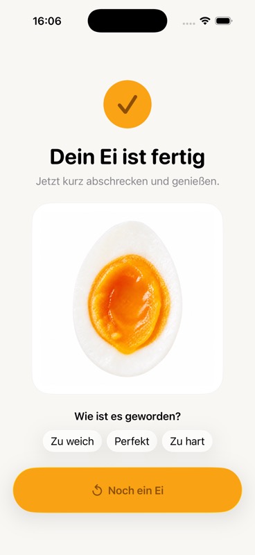 EggTimer Feedback nach dem Kochen mit der Auswahl zu weich, perfekt oder zu hart