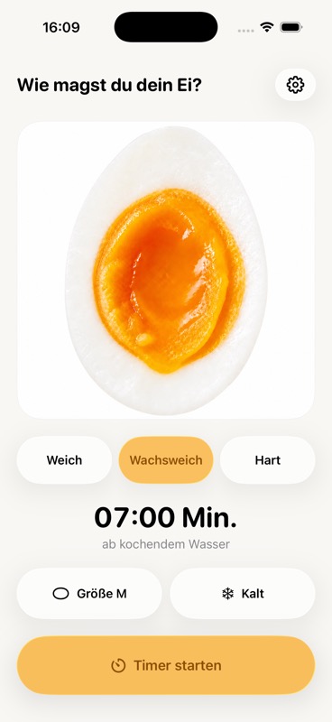 EggTimer Auswahl für ein wachsweiches Ei mit sieben Minuten Kochzeit